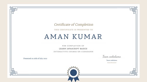 Aman Kumar JavaScript Certificate (Aman Indian)